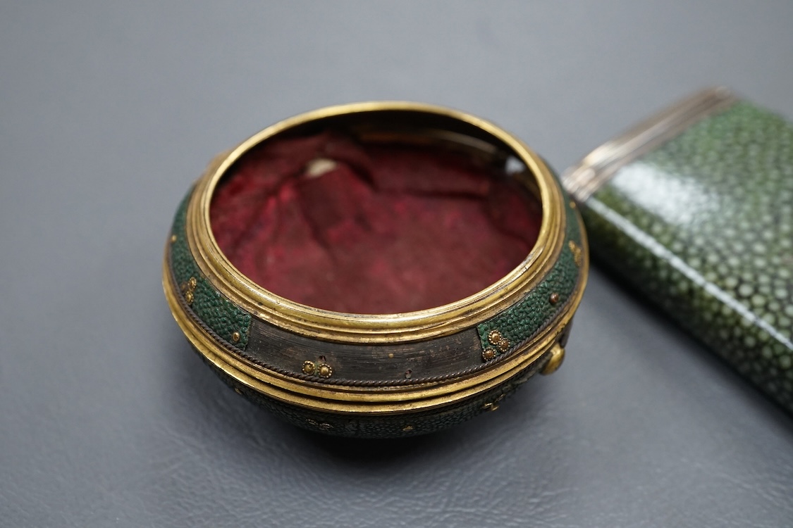 An early 19th century shagreen cased draughtsman’s set, containing three of the original instruments, together with an outside brass pair case for an early to mid 18th century pocket watch